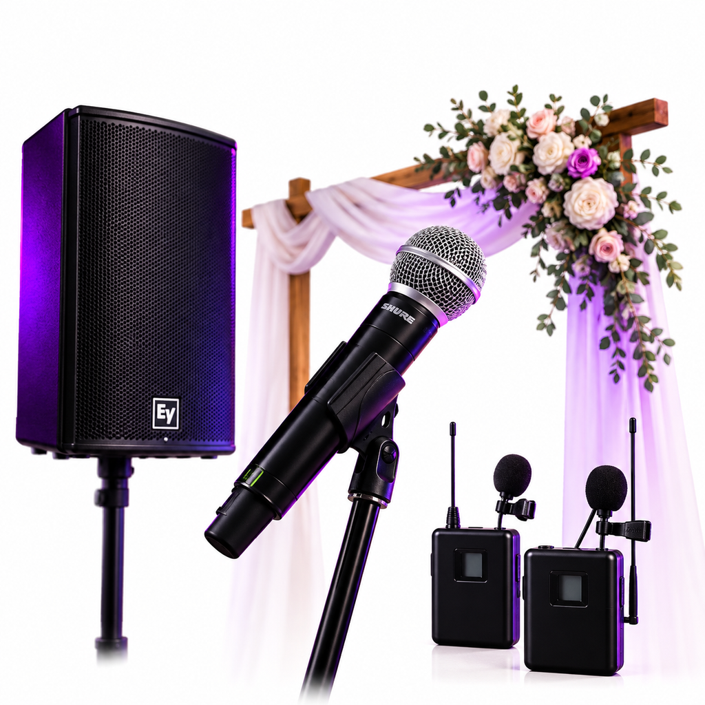 Professional wedding ceremony audio equipment from 2J's Music Machine, including wireless microphones and speakers for clear ceremony sound.