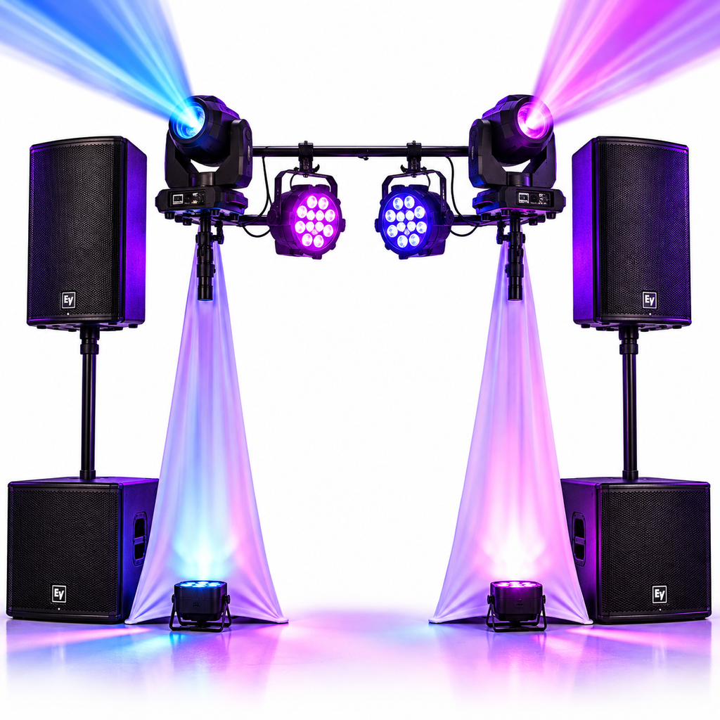 Professional wedding DJ lighting and sound setup from 2J's Music Machine, featuring colourful dance floor lighting and speakers.