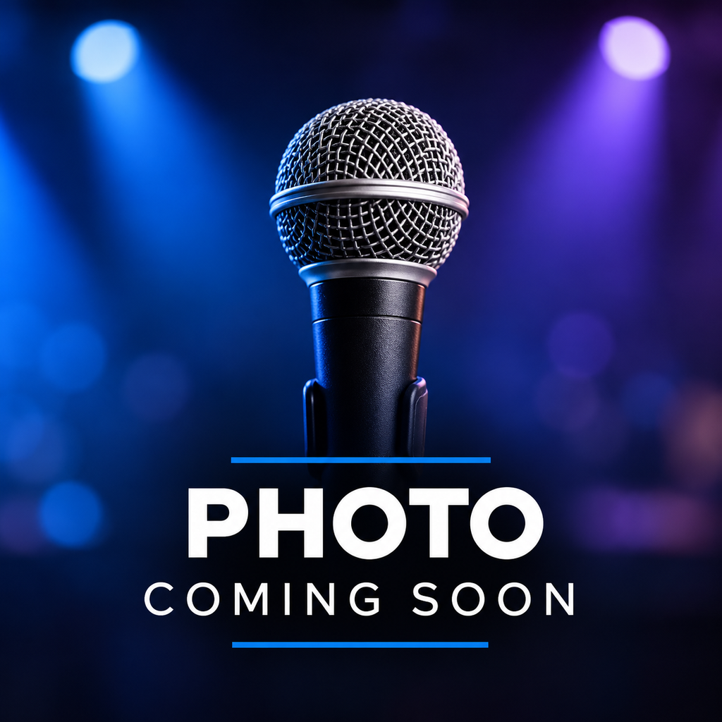 Microphone graphic with Photo Coming Soon text for Steff Lécuyer, bilingual MC at 2J's Music Machine.